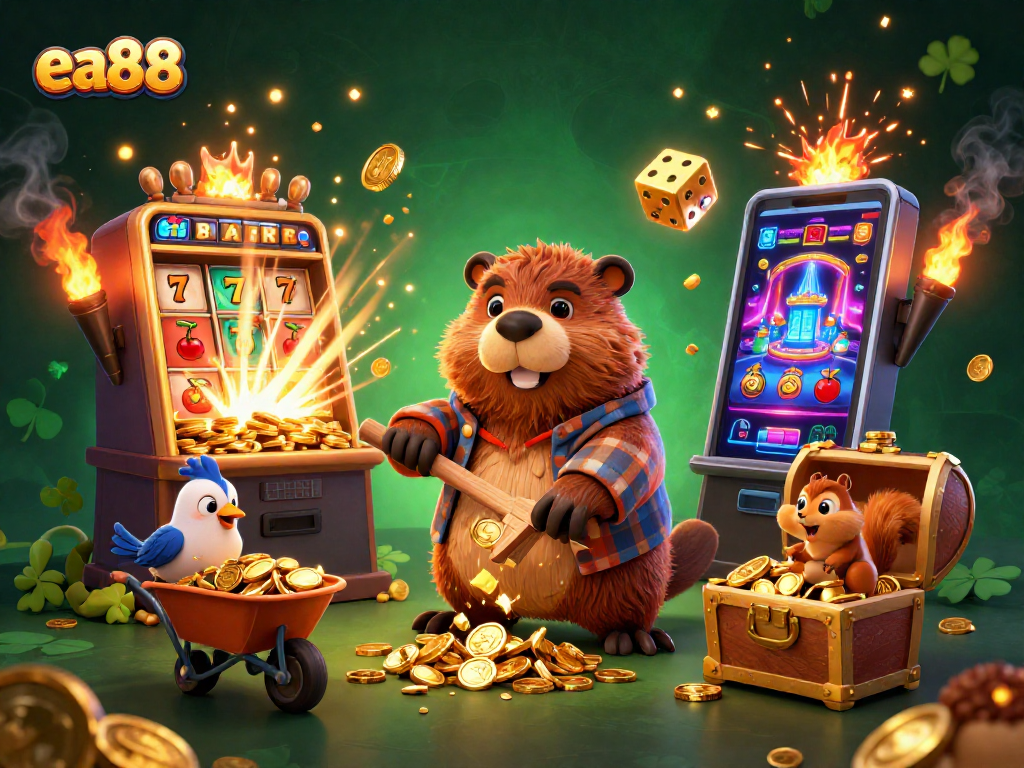 Experience the thrill with ea88 as beaver and friends collect Jackpot coins in a vivid casino scene.