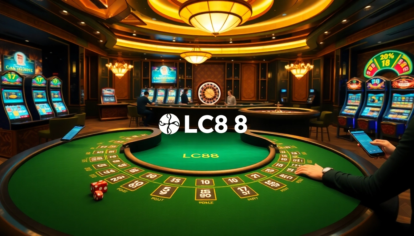Players enjoying a luxury gaming experience at the LC88 casino with vibrant slot machines and sleek tables.
