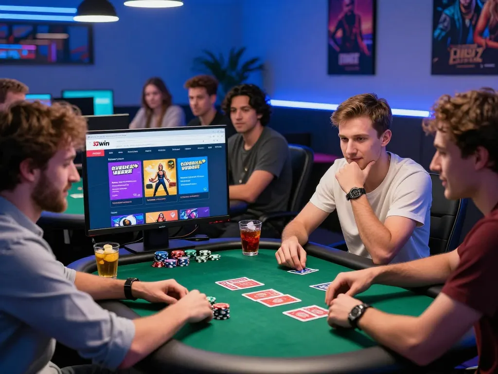 Engaged friends playing poker while enjoying the excitement of the 32win gaming experience.