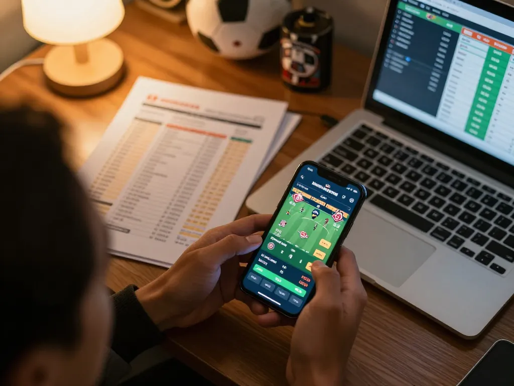 Tỷ lệ kèo nhà cái 5 displayed on a smartphone as a player engages in sports betting strategy.