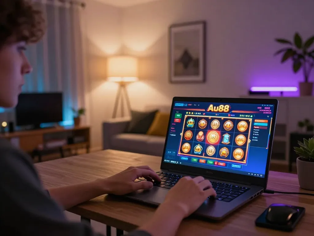 Player spins the reels on Au88's slot game from a cozy home setting, enjoying online gambling.