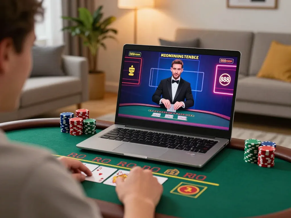 Player engaging in live dealer blackjack on laptop showcasing 888new, with warm ambient home lighting.