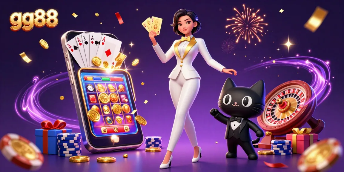 Experience thrilling gameplay at gg88 with a glamorous woman shuffling cards and a playful cat in a vibrant casino scene.