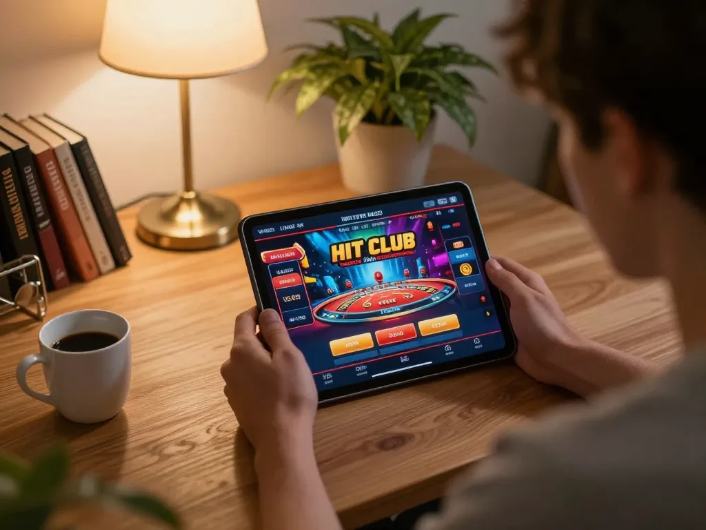 Engaging in online gaming at HIT CLUB with a cozy home setup and dynamic tablet interface.