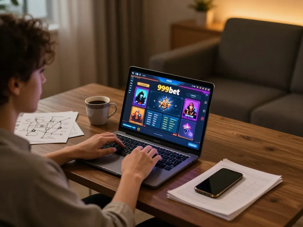 Player engaged in thrilling online gaming at 999bet with vibrant visuals on their laptop screen.