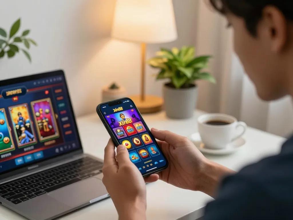 Player using the nhà cái xin88 app on a smartphone for online gambling, showcasing vibrant game options in a modern home office.