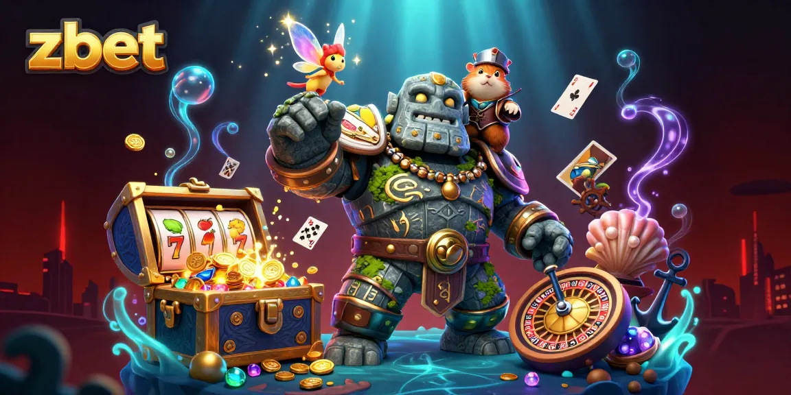 Experience thrilling zbet action with a lively golem guardian, magical fairy, and hamster knight amidst vibrant casino elements.