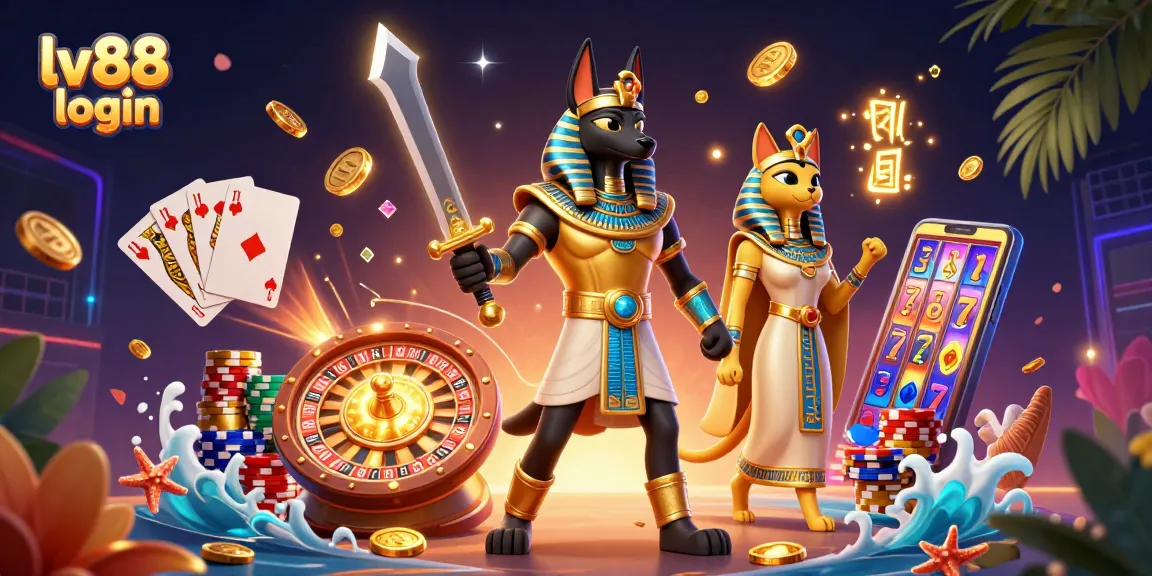 Experience the excitement of gambling with lv88 login, featuring Anubis and Bastet in a vibrant casino scene.