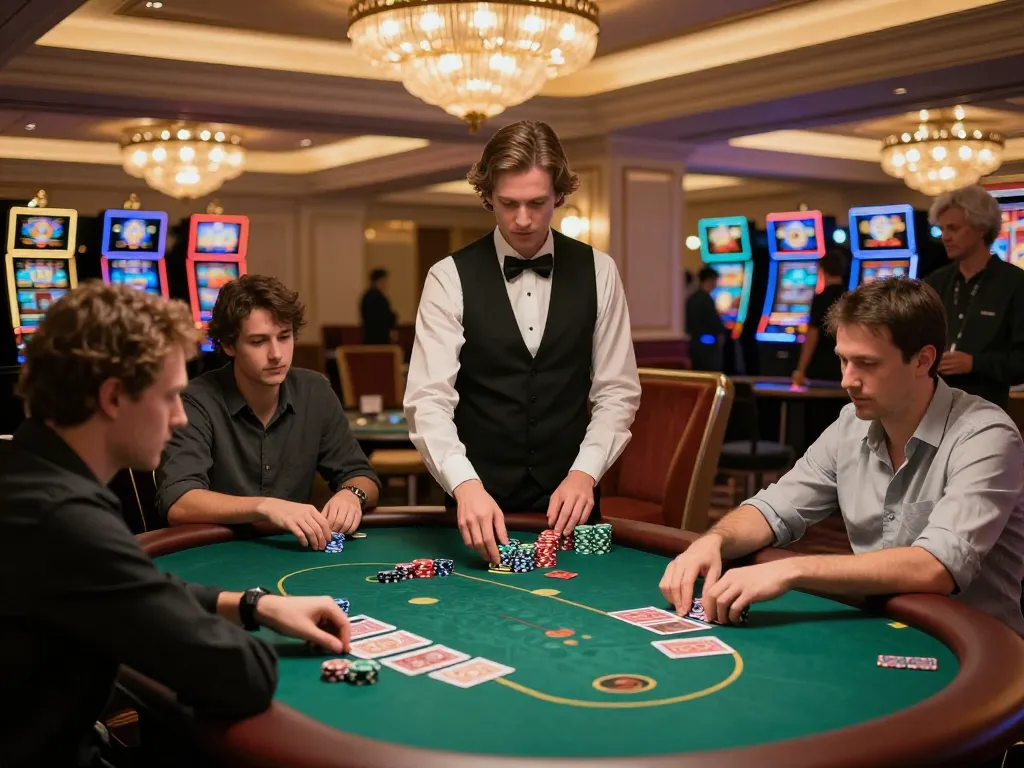 MM88 poker game in luxury casino with players engaged and dealer in action