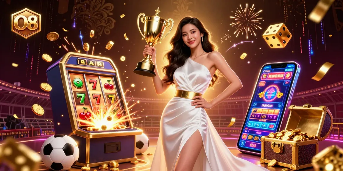 O8 sports betting scene with a victorious woman holding a trophy amid bursting slot machines and vibrant casino elements.