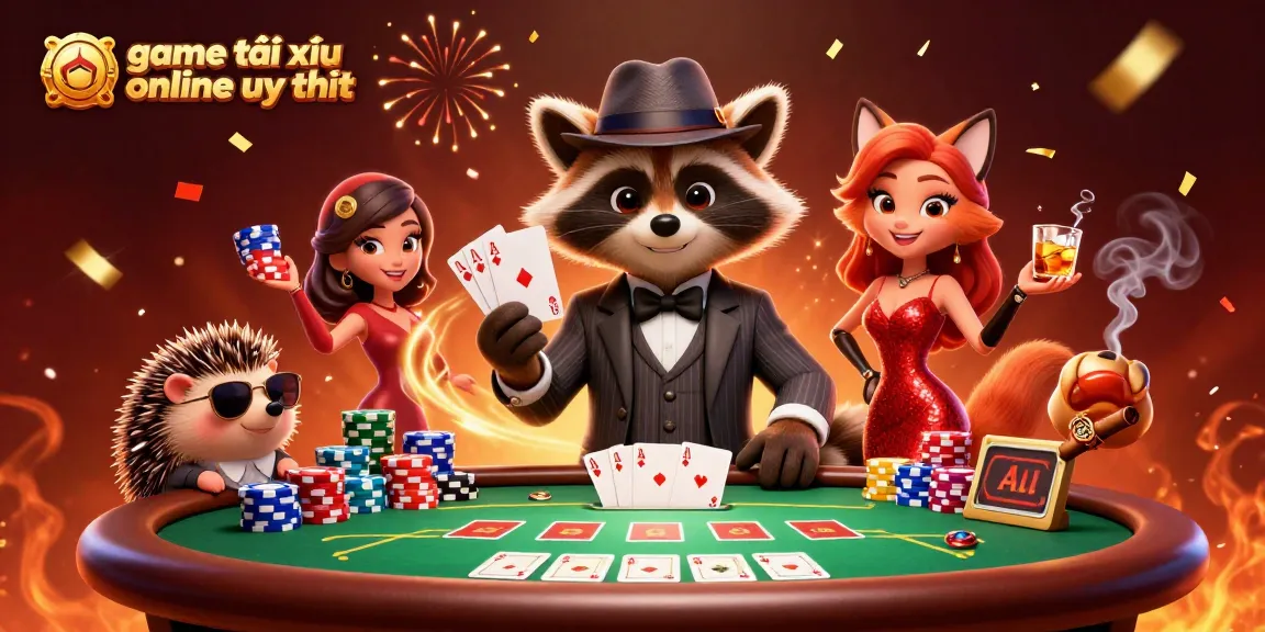 Engage in game tài xỉu online uy tín with a stylish raccoon, elegant fox, and bouncer at a vibrant poker scene.