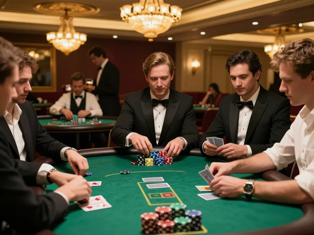 Players strategizing their gameplay at a lively F8BET poker table, creating an engaging casino atmosphere.