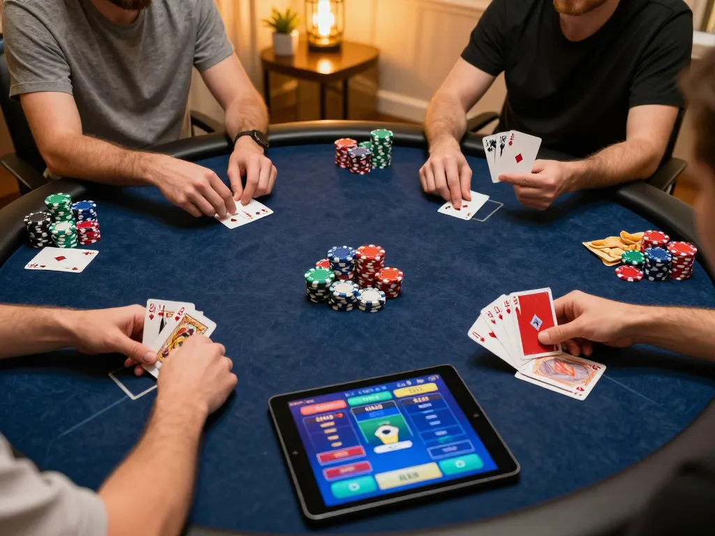 Engaged players enjoying an online poker game on 23win, showcasing strategic bets and vibrant gameplay.