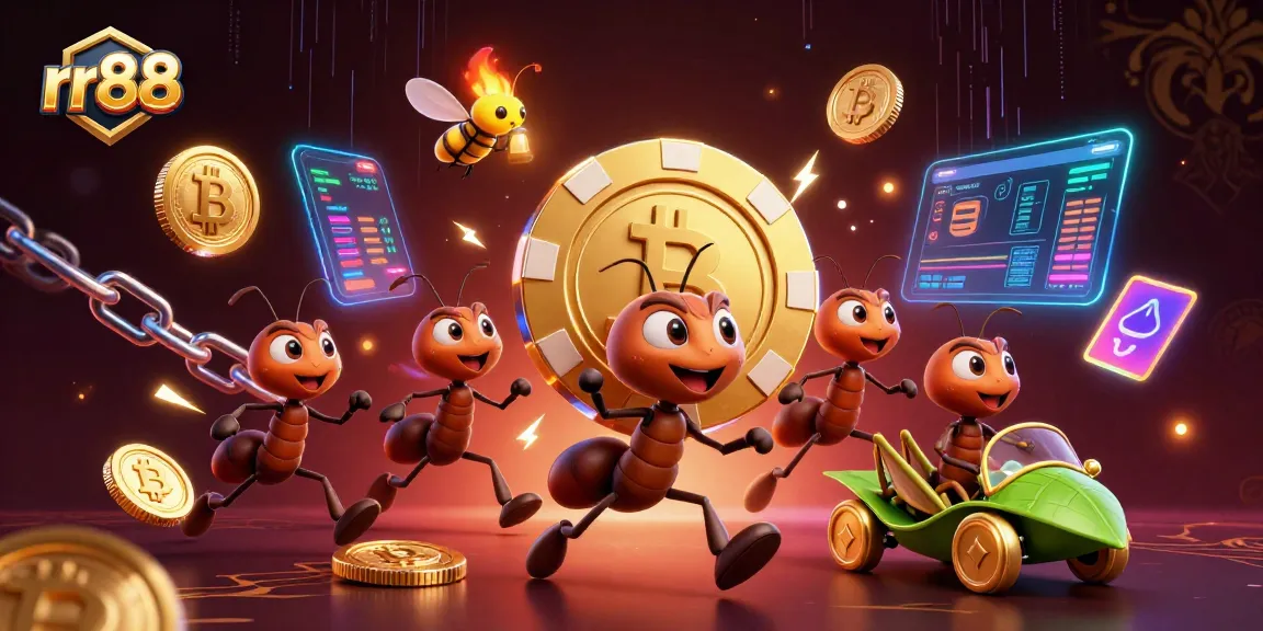 Experience thrilling wins with rr88's vibrant casino heist scene featuring ants and crypto elements.