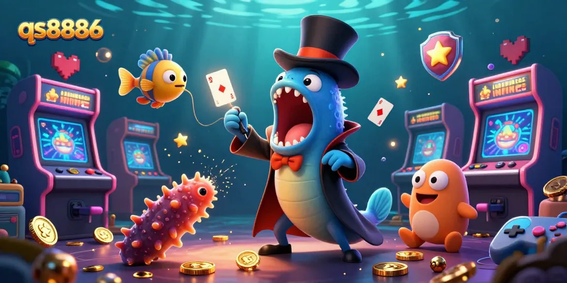 Engage with qs8886's exciting card tricks in a lively underwater casino-themed scene.