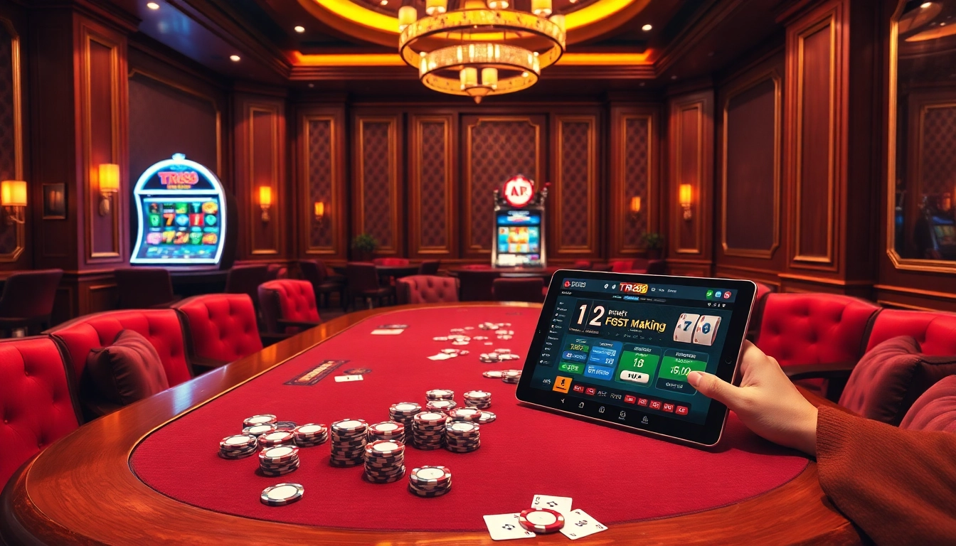 Players strategizing at a TR88 poker table amidst a luxurious casino setting.