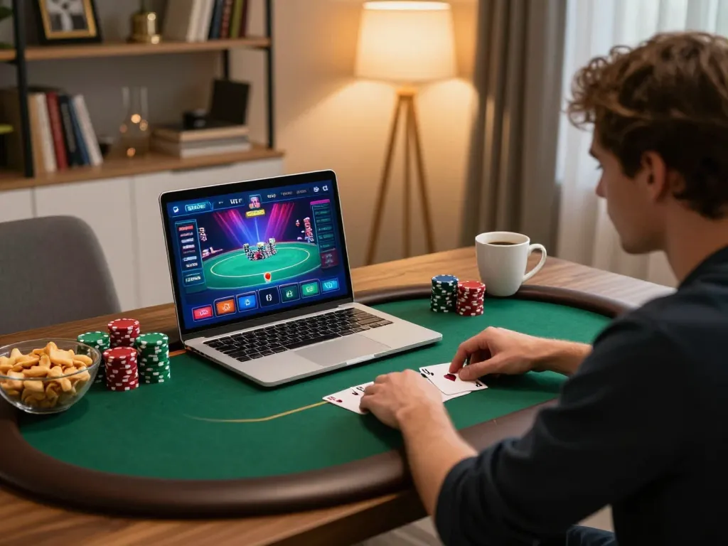 Online player exploring okking poker strategies on a laptop in a stylish home setting.