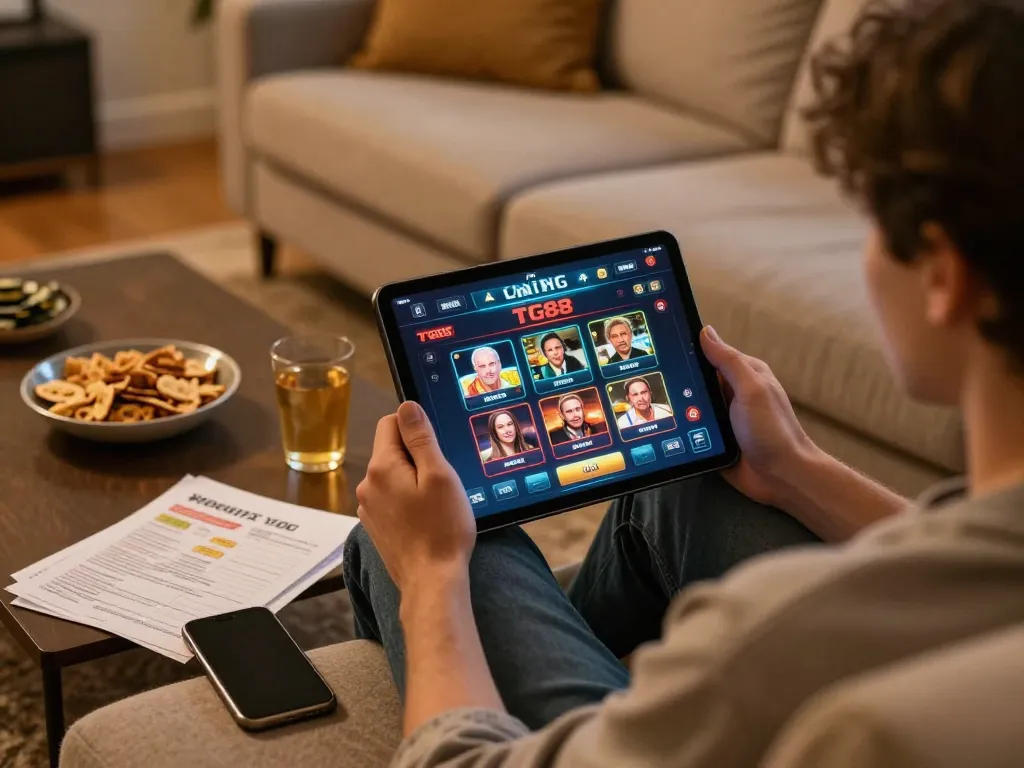 Player exploring TG88 online casino on tablet in a comfortable home setting, showcasing responsible gaming.