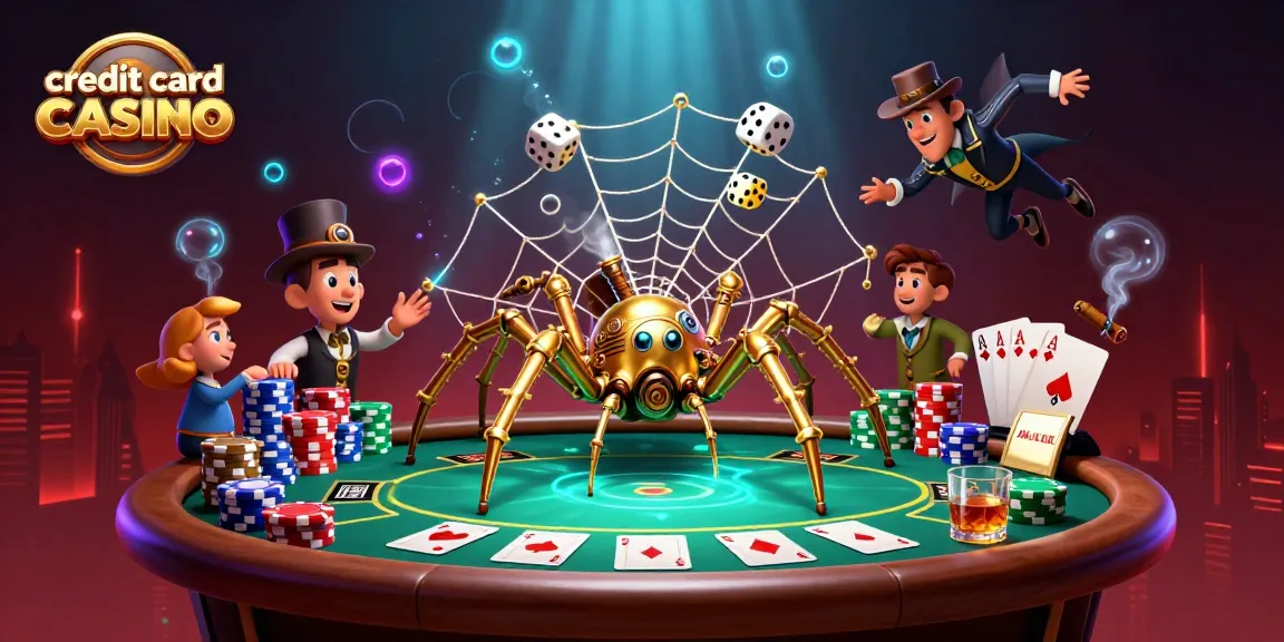 Engage with a credit card casino where a golden spider catches rolling dice in a whimsical scene.