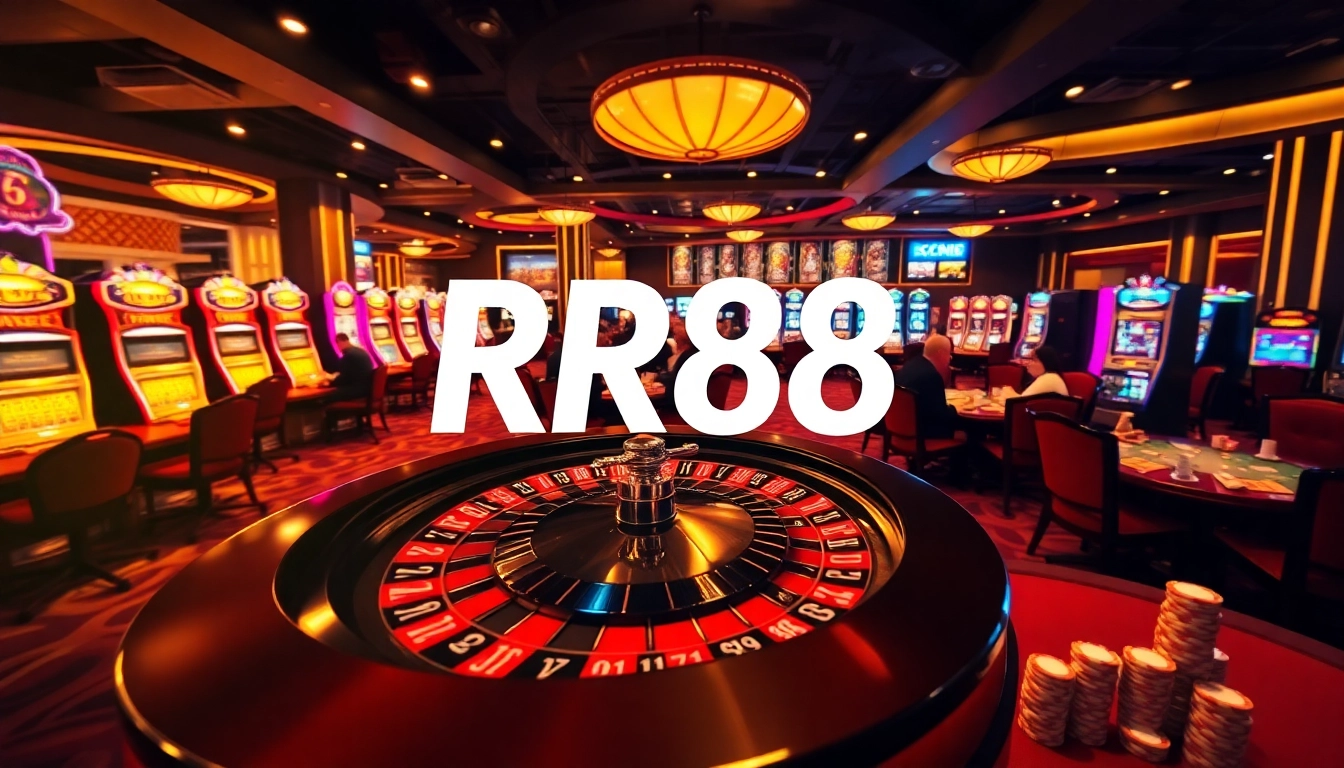 Experience the excitement of RR88 with players at luxurious casino tables and vibrant slot machines.