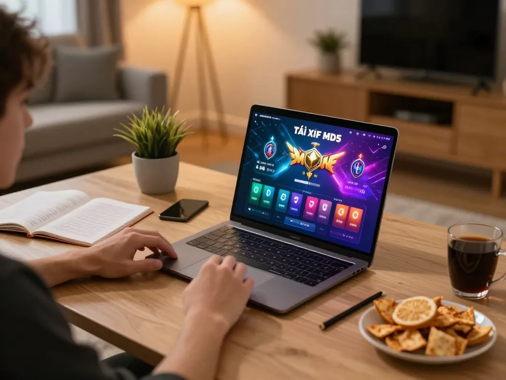 Tài Xỉu MD5 gameplay scene showing a player engaging with the online platform in a modern home environment, conveying an exciting online gambling experience