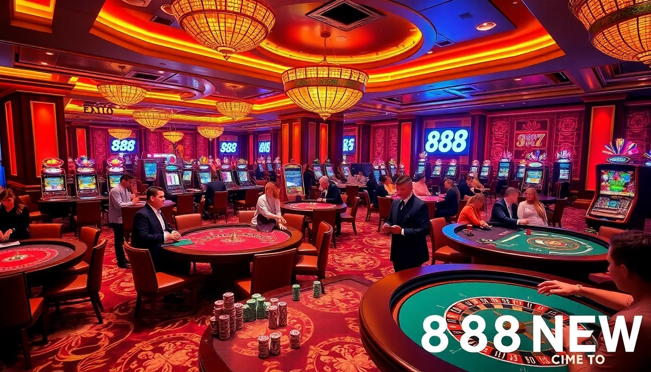 Exciting scene at 888NEW casino showcasing vibrant gaming tables with professional dealers and engaged players.