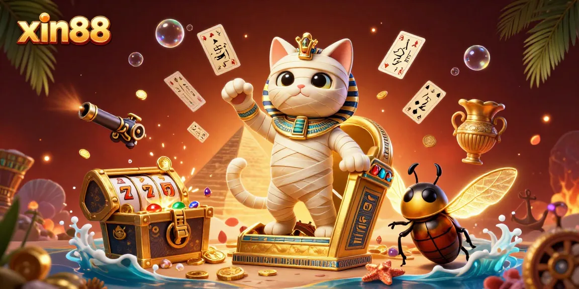Experience thrilling gameplay at xin88 featuring vibrant slot reels and an enchanting mummy cat!