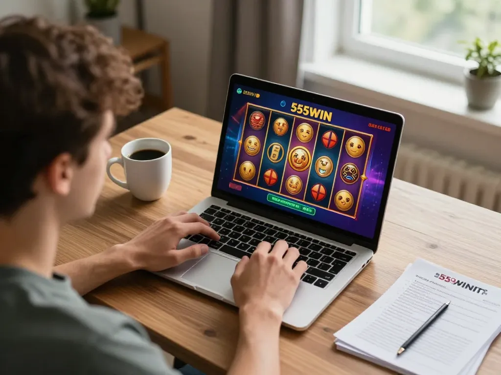 Engaging player strategizing while enjoying 555WIN's online casino gaming experience at home.