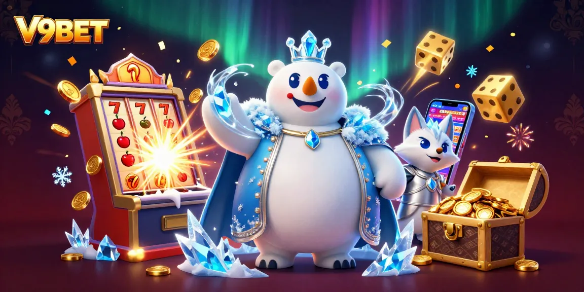 Win big with V9BET at this vibrant illustration featuring a slot machine and colorful casino elements.