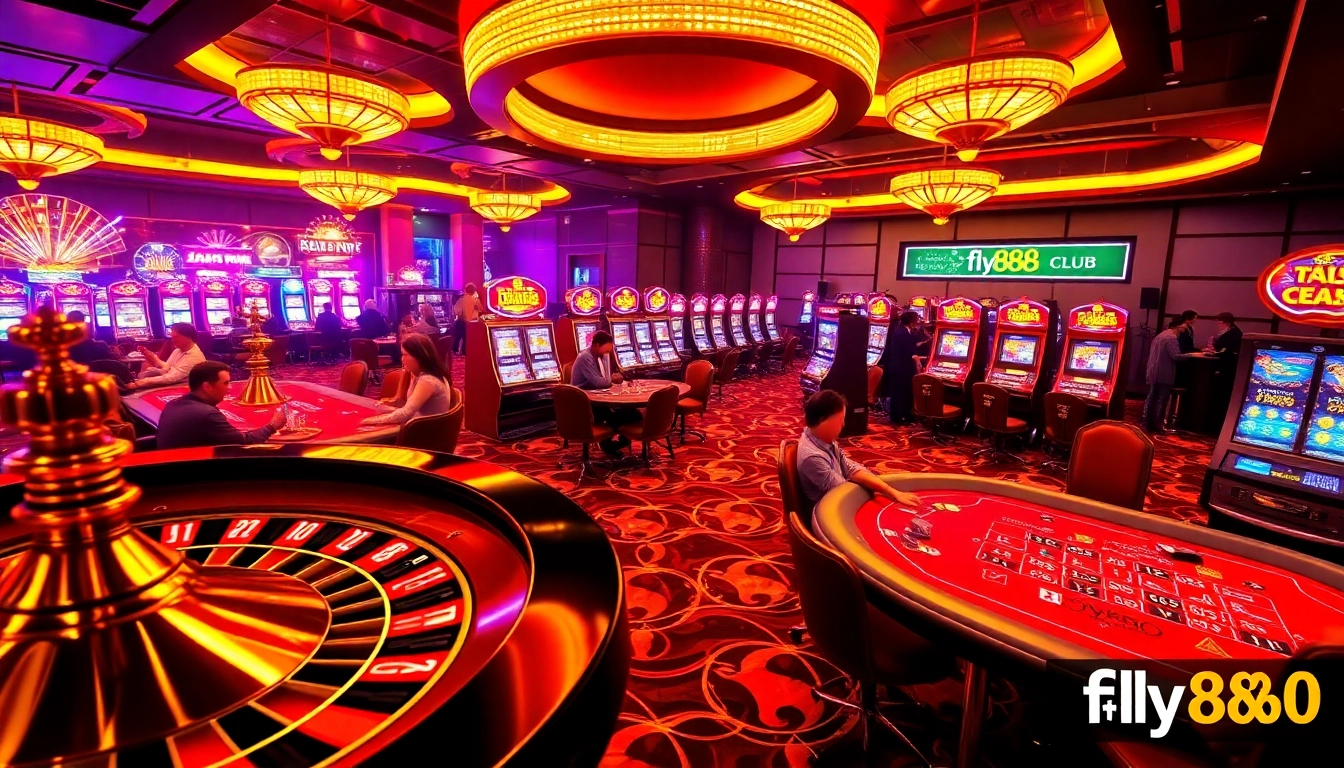 Players enjoying high stakes at the fly888 club casino tables surrounded by vibrant lights and slot machines.