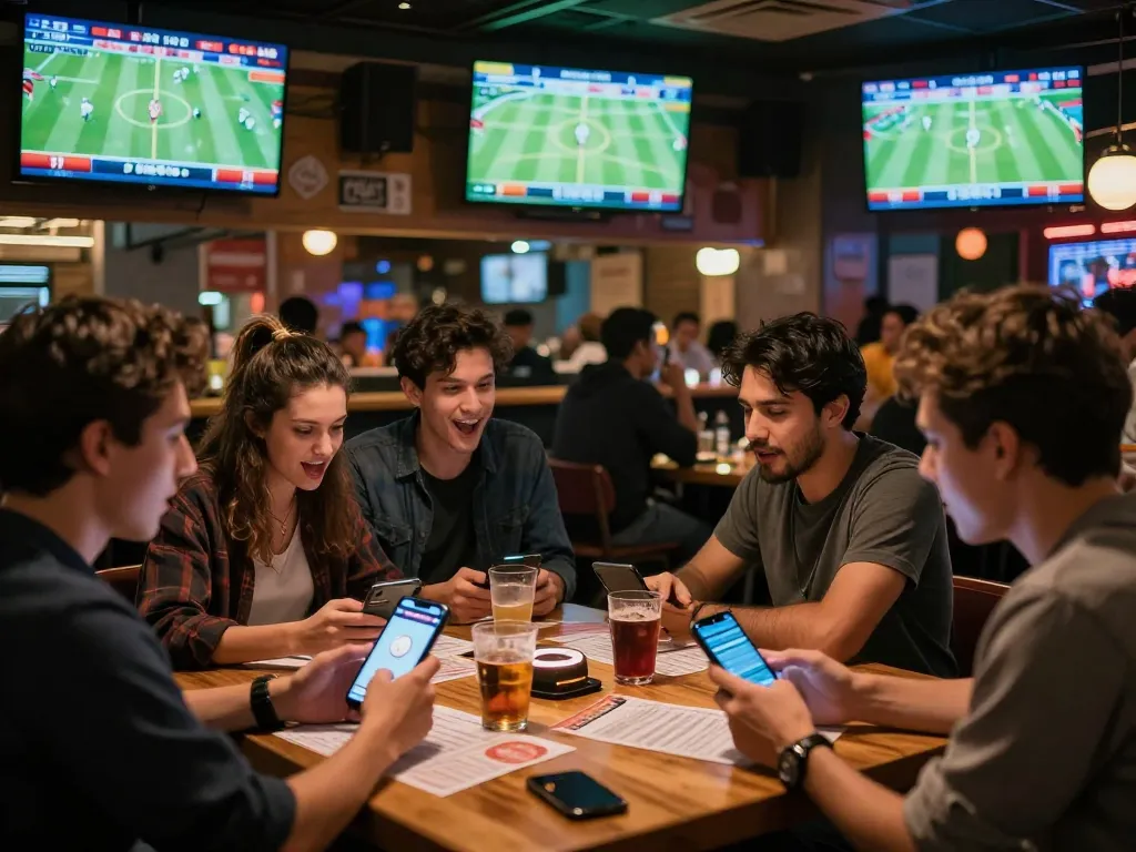 Bet on 99WIN at a lively sports betting venue with fans cheering and screens displaying live games