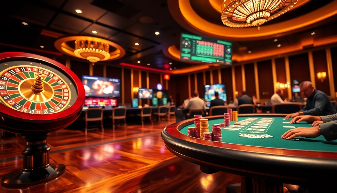 Experience high-stakes poker at 8kbet with vibrant chips and a live roulette wheel.