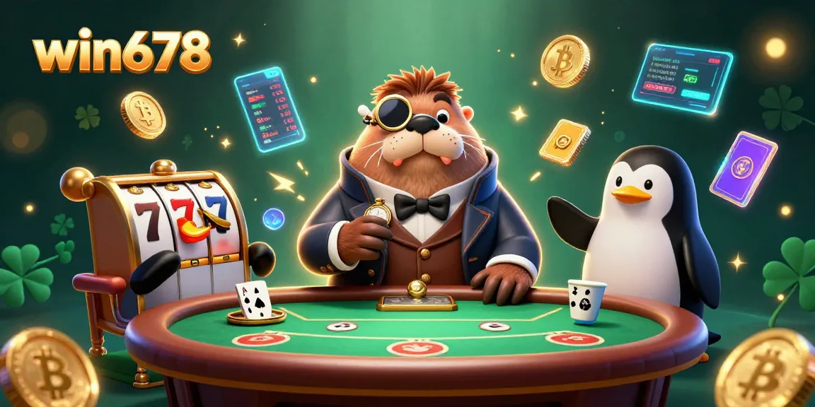 Engage with win678's thrilling underwater poker scene featuring a walrus, penguin dealer, and pufferfish player!