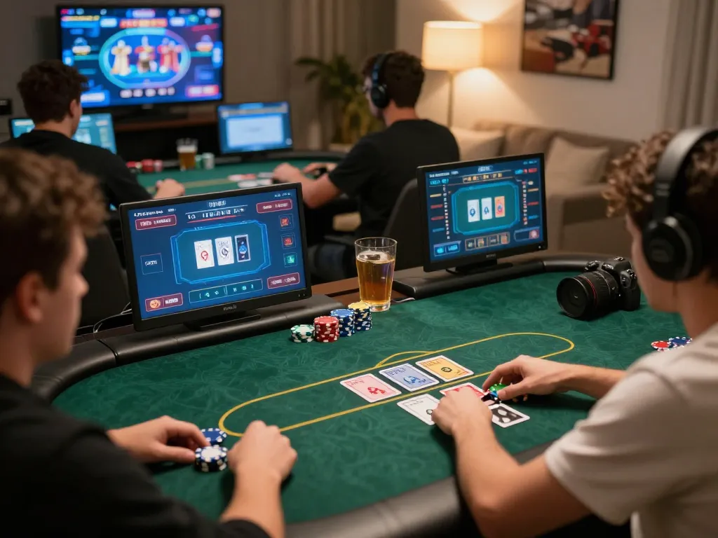Players engaging in online gambling at 888NEW, showcasing a detailed poker setup with cards displayed.