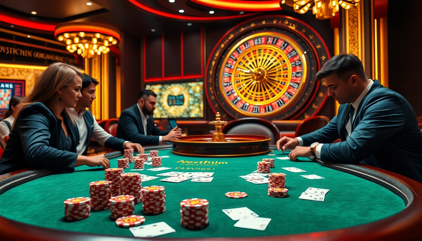 Exciting high-stakes poker scene at a luxurious casino featuring newphim themes of thrill and strategy.