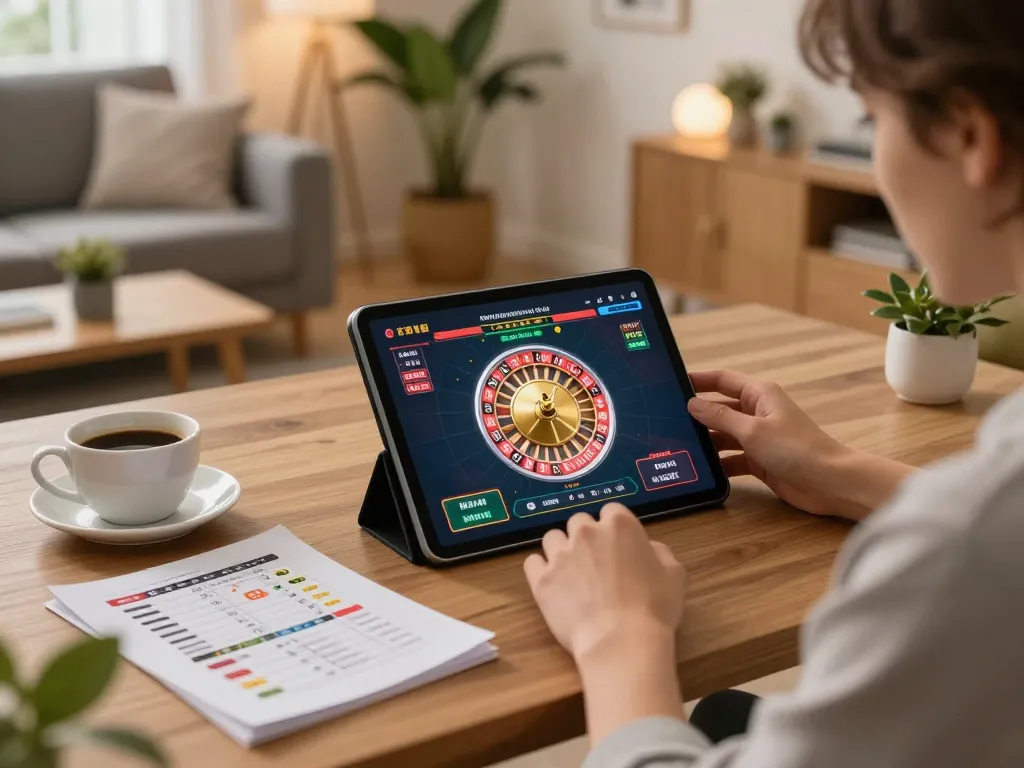 Engaging in an online roulette game at ATQ com in a cozy home setting, showcasing strategy notes and warm lighting