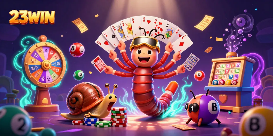 Experience excitement with the 23WIN casino as colorful lottery elements surround dynamic characters.