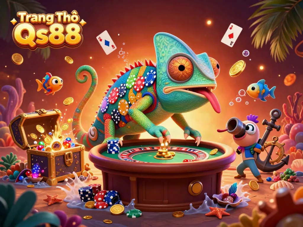 Engage with Trang Chủ Qs88's dynamic casino world, featuring a colorful chameleon and treasures.