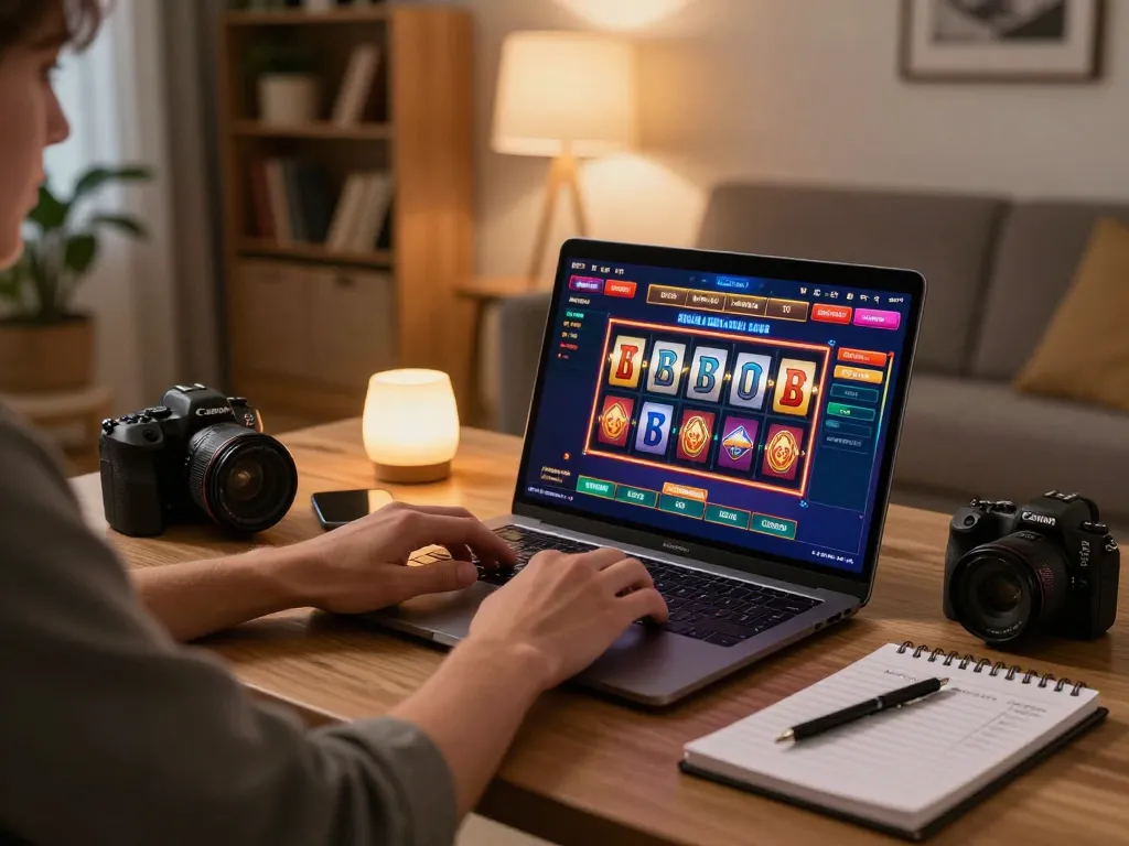 Player strategizing gameplay on vipwin2 online casino interface in a cozy home setting.