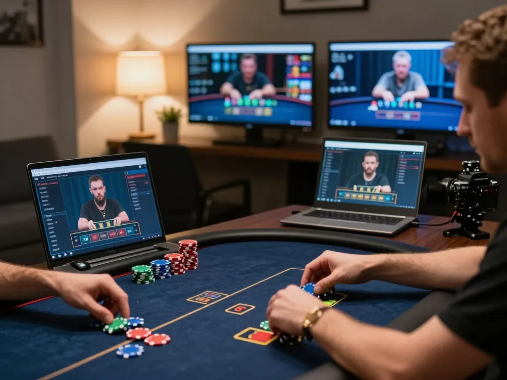 Engaged player focusing on 789win poker strategy with multiple screens displaying action.