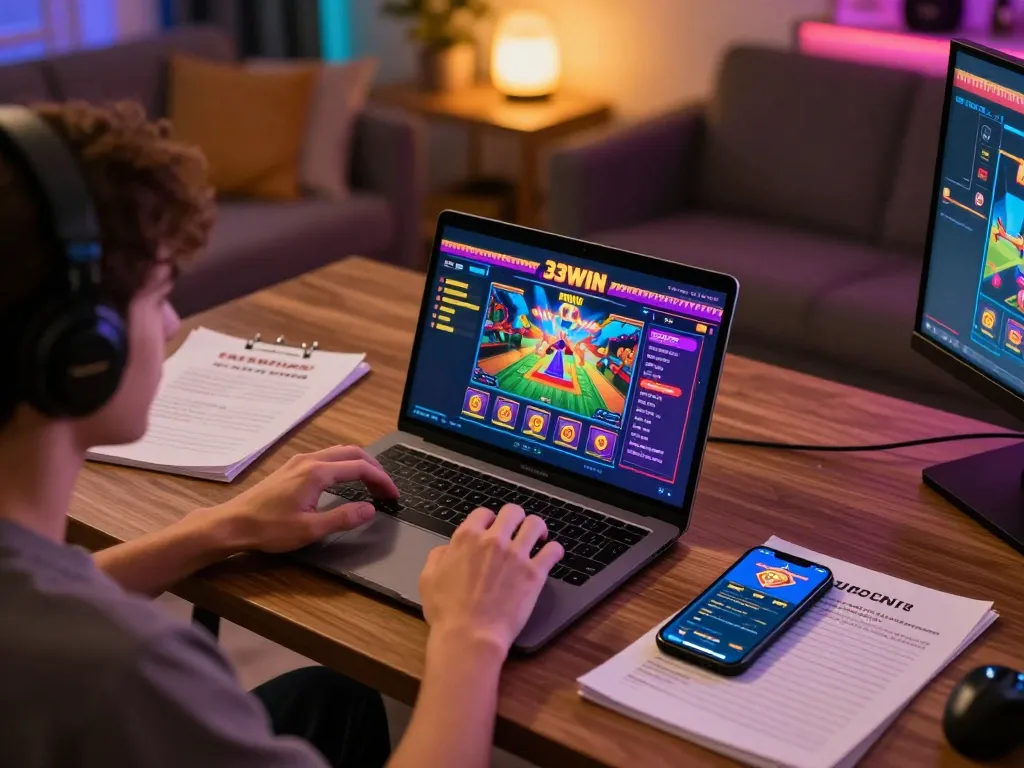 Engaging in a thrilling online game with 33WIN on a laptop amid a cozy home environment.