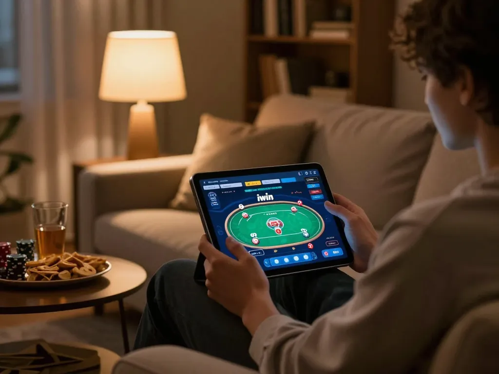 Engaging in a lively game at iwin club on a tablet in a cozy living room.