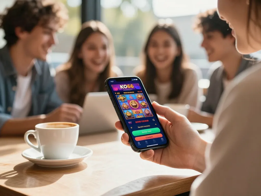 Người thưởng thức ứng dụng di động KO66 với trò chơi slot sống động tại một quán cà phê