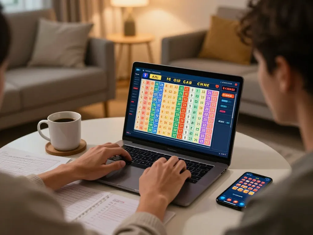 Engaging in lô đề betting at home with laptop showcasing number choices and friendly atmosphere.