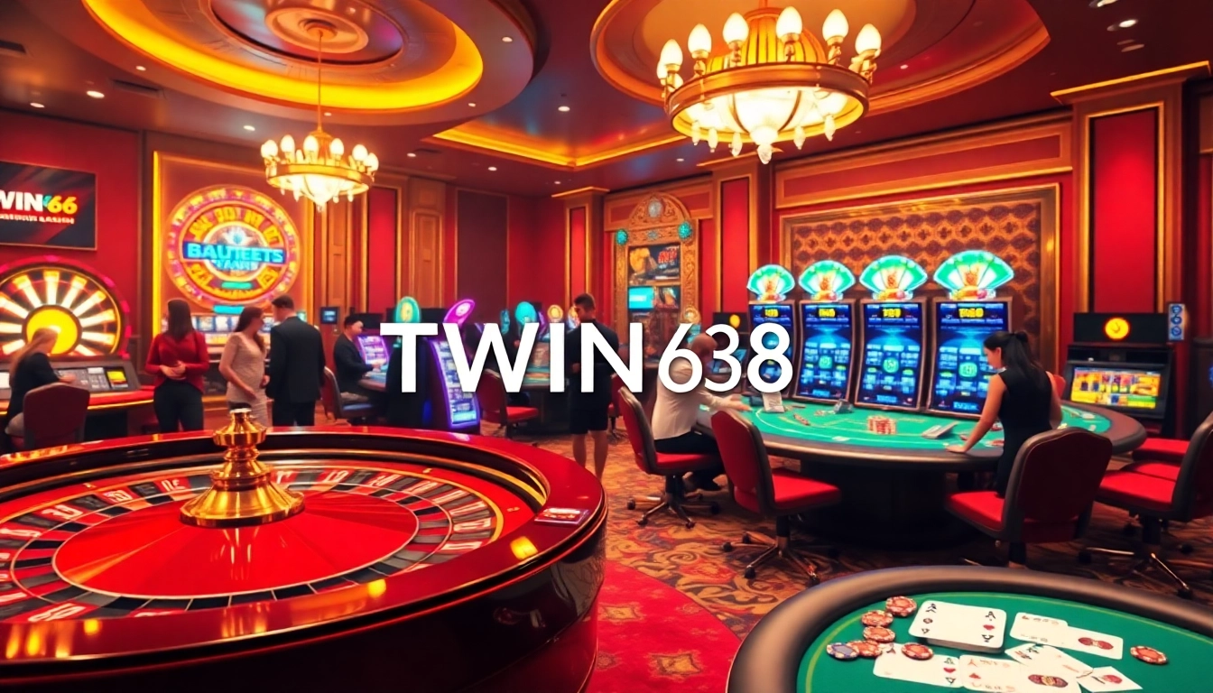 Gambling excitement at TWIN68 with players enjoying roulette and poker tables.