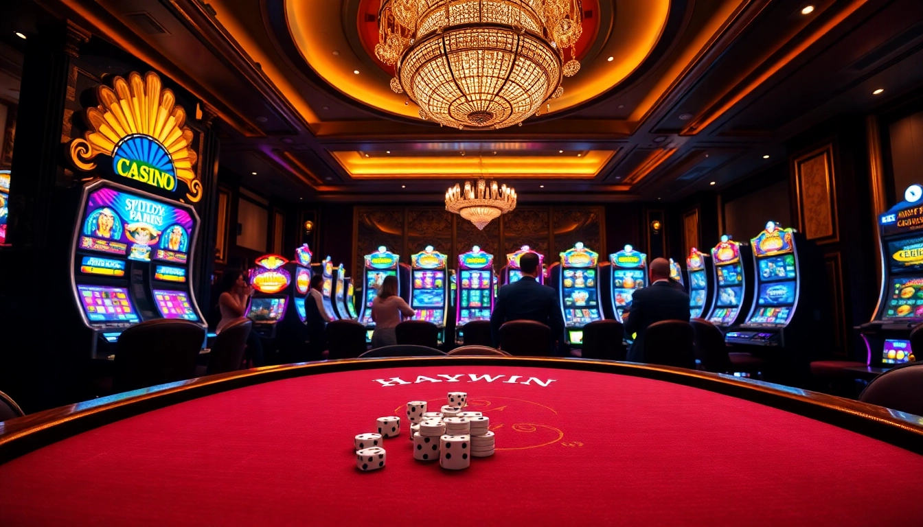 Players enjoying an exciting poker game at Haywin's luxurious casino table with vibrant slot machines.