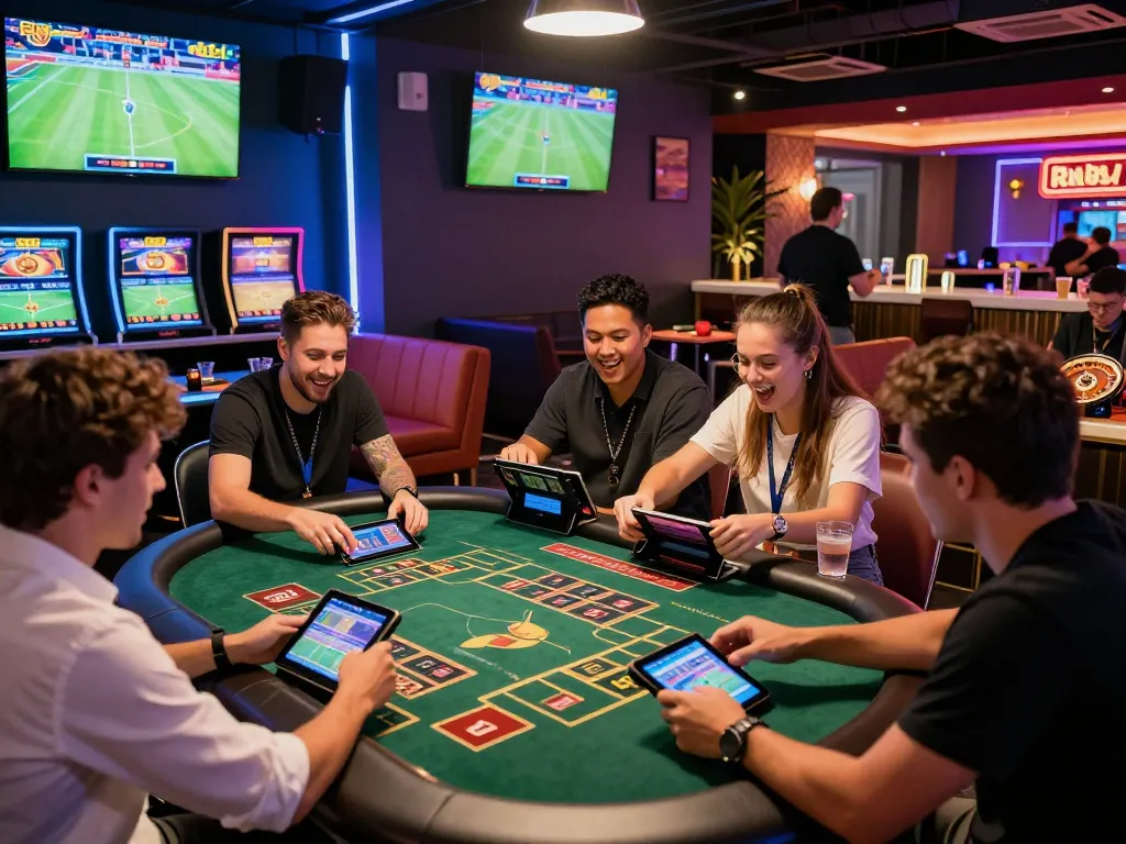 Friends enjoying a lively gambling experience at rikbet gaming lounge.