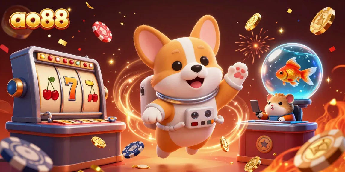 Experience the thrill of ao88's casino with vibrant characters and floating slot elements in a dynamic scene.