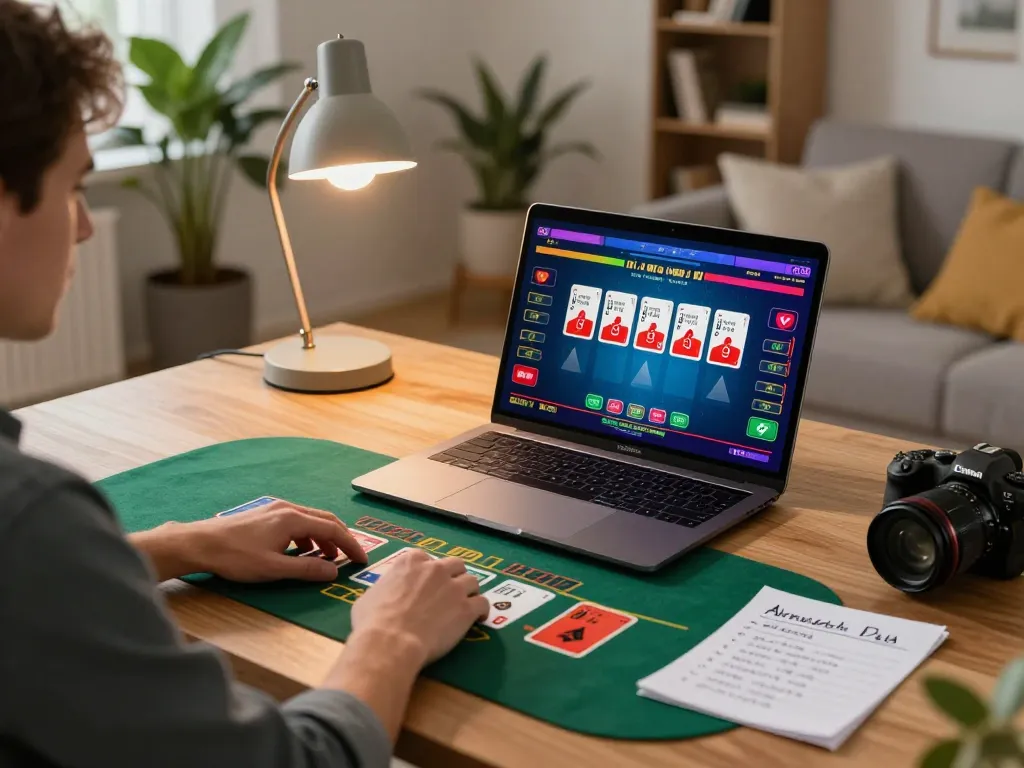 Player enjoying online blackjack on their laptop at home, showcasing 78wingo gaming strategies.