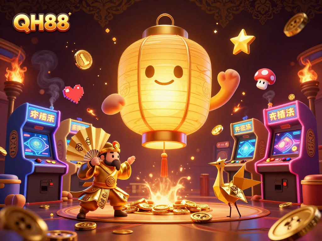 QH88 represents a vibrant casino scene with a golden lantern spirit and exciting gaming elements.